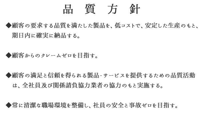 品質方針◆顧客の要求する品質を満たした製品を、低コストで、安定した生産のもと、期日内に確実に納品する。◆顧客からのクレームゼロを目指す。◆顧客の満足と信頼を得られる製品・サービスを提供するための品質活動は、全社員及び関係請負協力業者の協力のもと実施する。◆常に清潔な職場環境を整備し、社員の安全と事故ゼロを目指す。